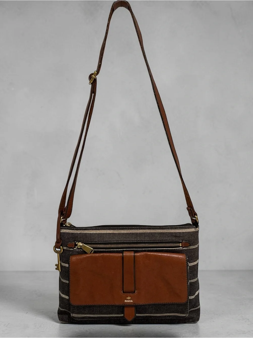 Fossil Kinley Crossbody Bag | Striped Canvas & Brown Leather Shoulder Purse